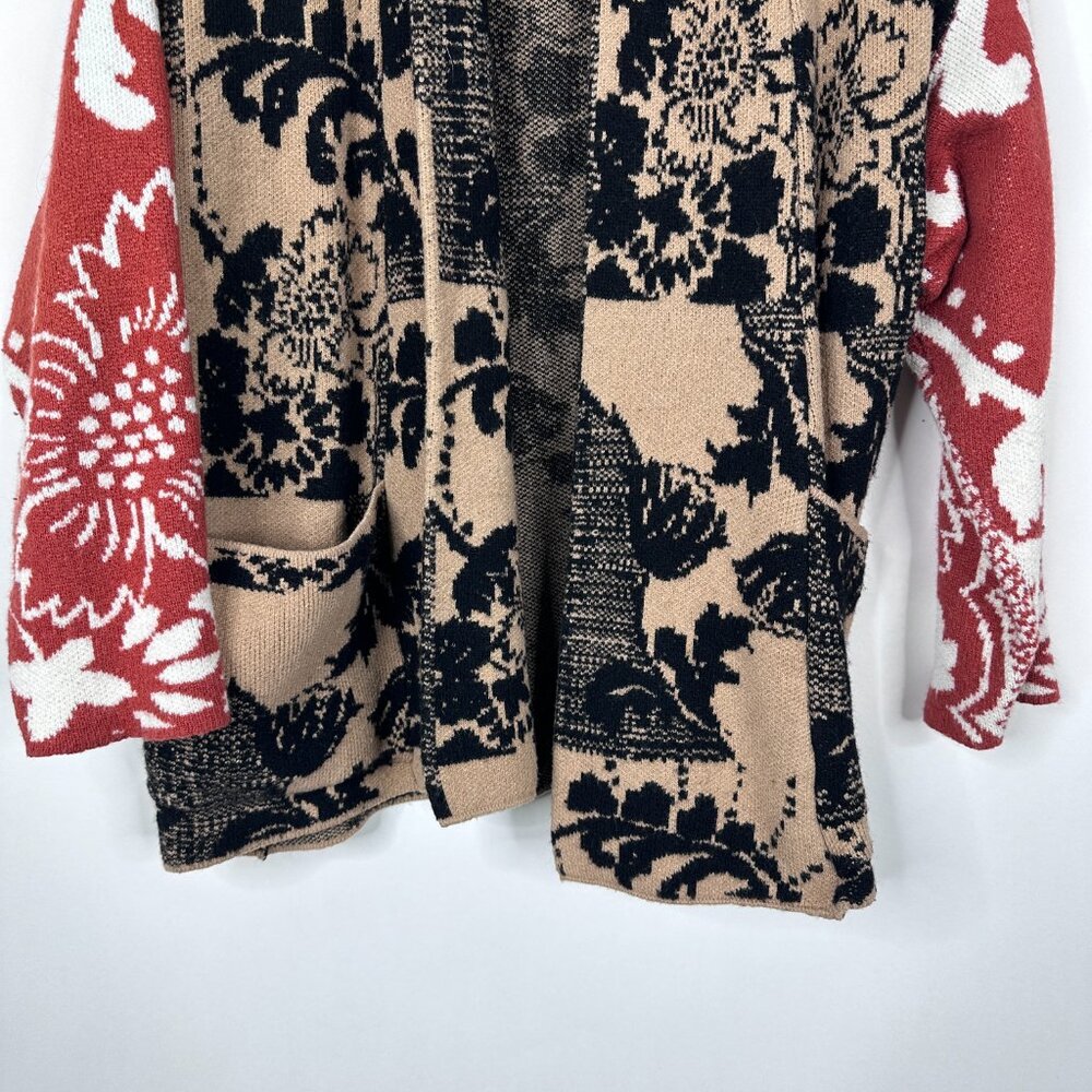 Anthropologie Lola Cocoon Cardigan Open Front Patchwork Tan Red XS/S #A1045 - Picture 6 of 16